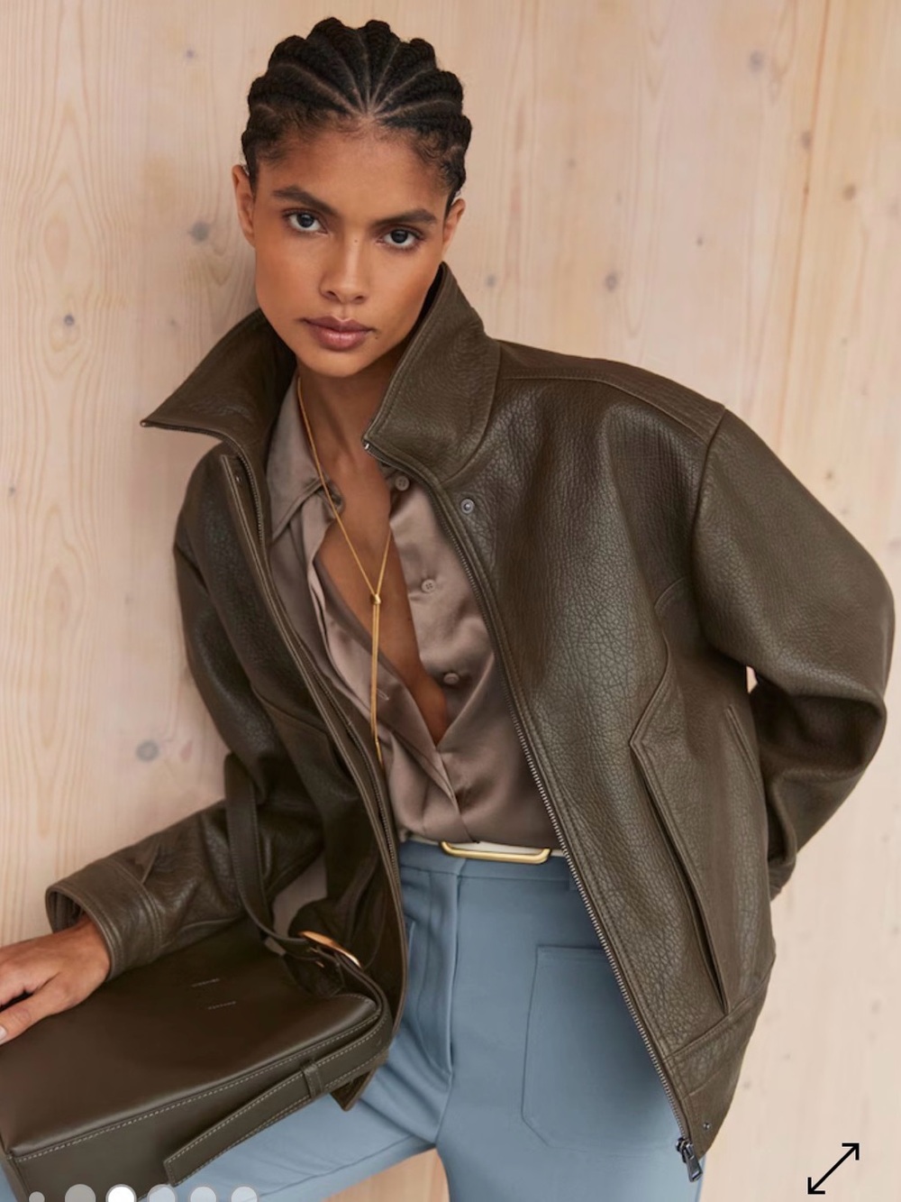 Reiss Kiara Oversize Grained-Leather Bomber Jacket Khaki Green nwt size 10